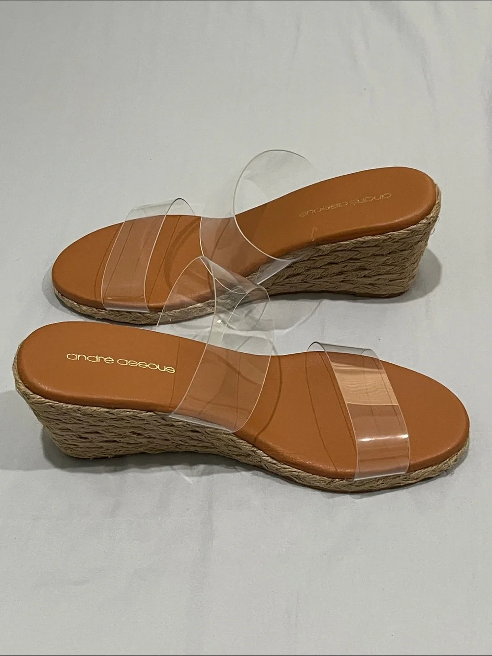 Andre Assous Clear Strap Tan Espadrille Wedge Sandals